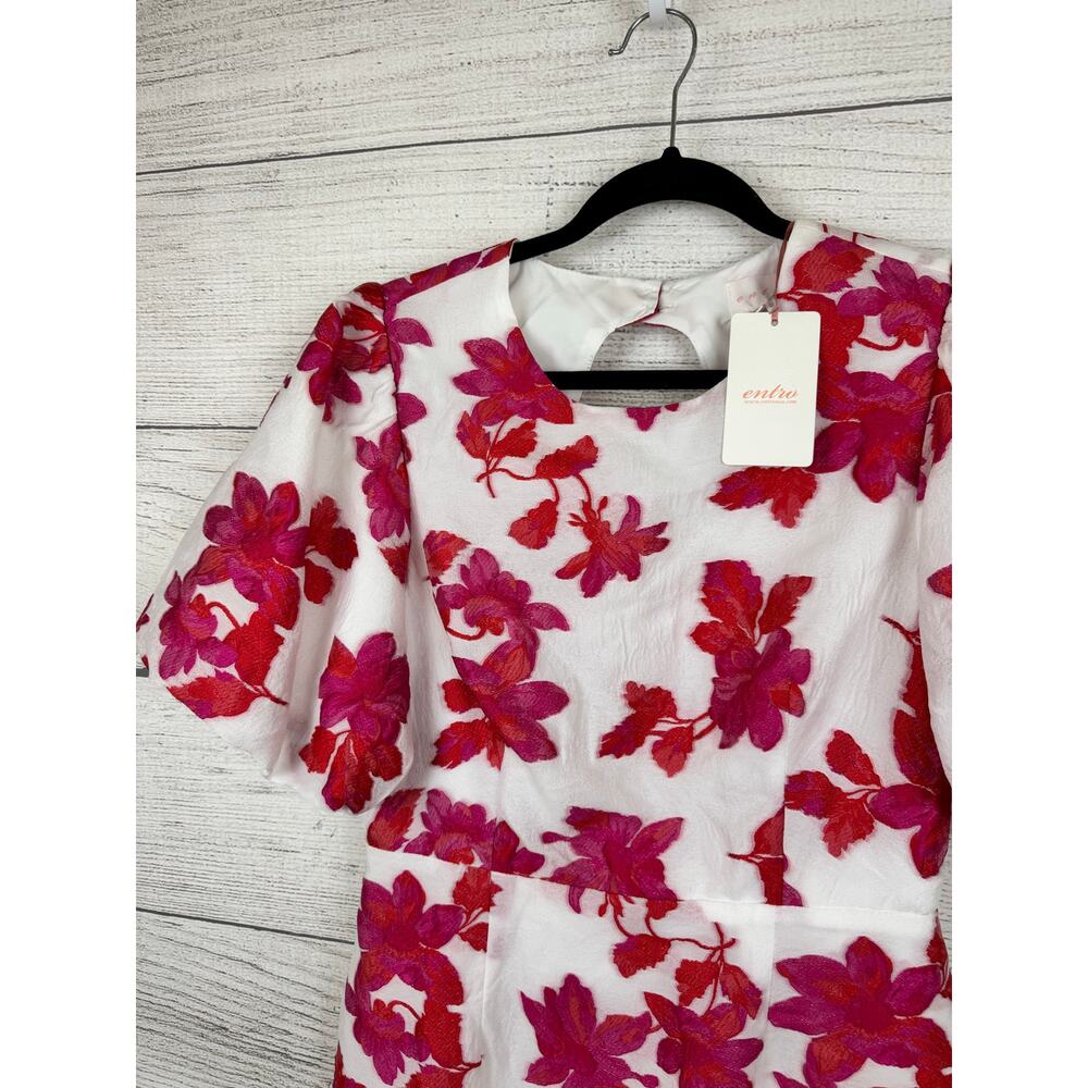 Entro Women's White & Pink Floral Puff Sleeve Open Back Mini Dress Size Large - Picture 4 of 11